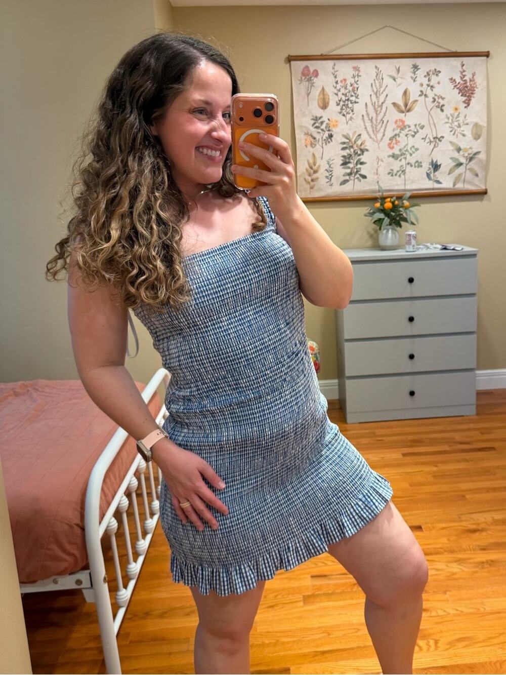 Gianni Bini Smocked Mini Dress in Blue Gingham Medium